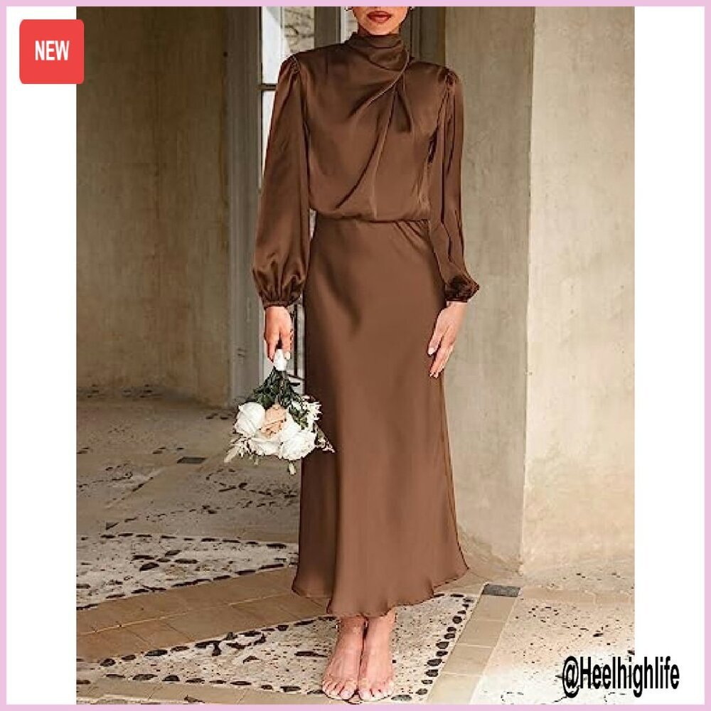 Mock Neck Satin Maxi Dress Long Sleeve Formal Evening Party Gown - Picture 3 of 8
